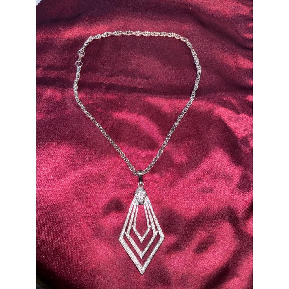 Art Deco Style Pave Rhinestone Geometric Pendant Necklace Silver Tone Rope Chain